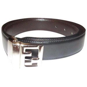 FENDI Black Brown Reversible Chrome FF Buckle Belt